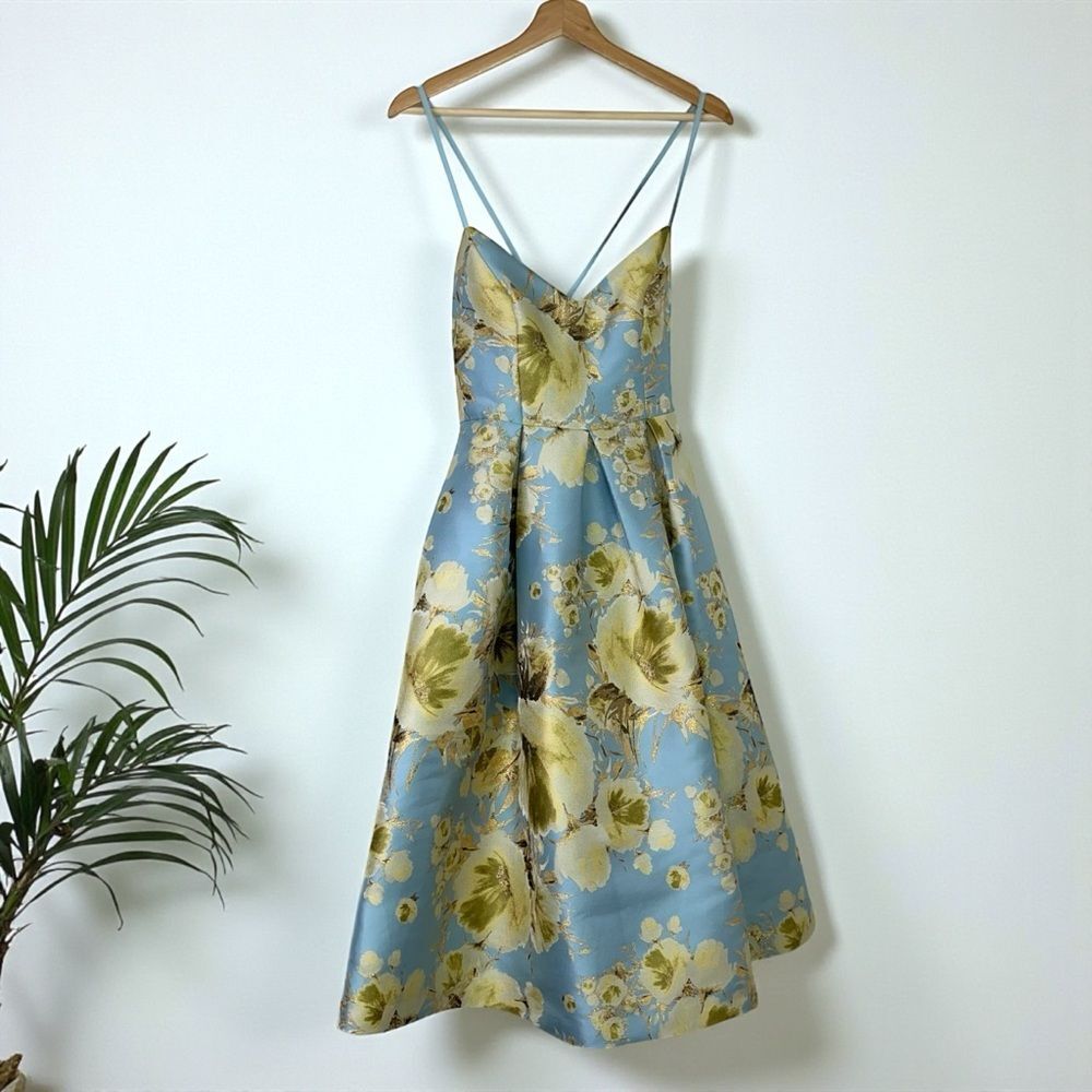 Eliza J Jacquard Brocade Floral Midi Flare Dress with Crisscross Straps - Picture 6 of 12